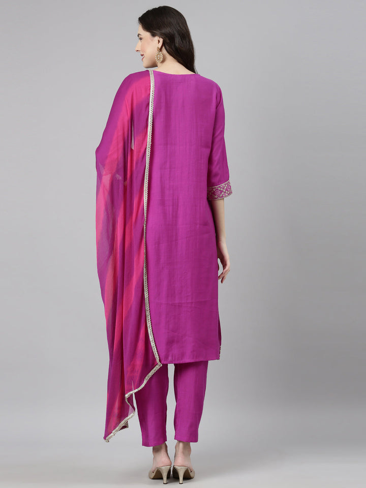 Neerus Purple Casual Solid Straight Kurta and Trousers With Dupatta