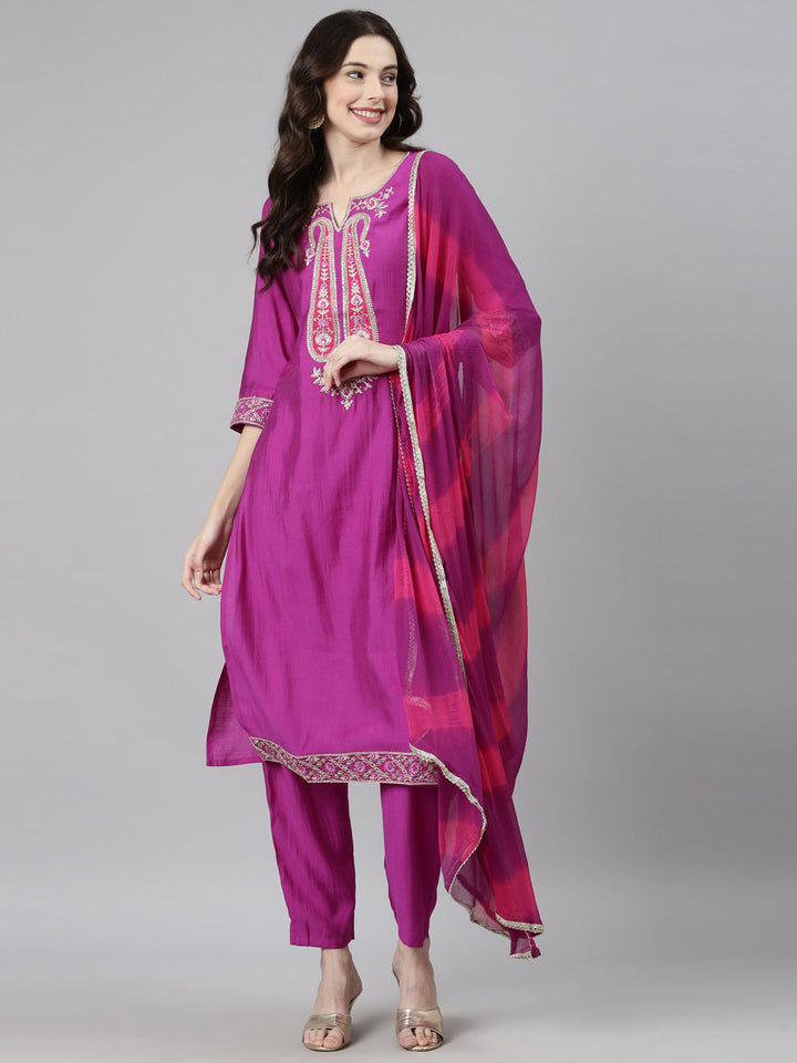 Neerus Purple Casual Solid Straight Kurta and Trousers With Dupatta