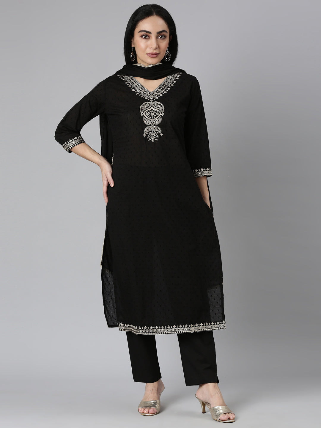 Neerus Black solid straight suit set with dupatta - front view