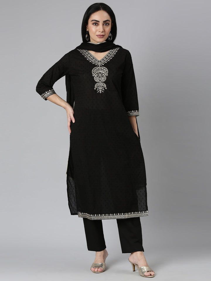 Neerus Black solid straight suit set with dupatta - front view