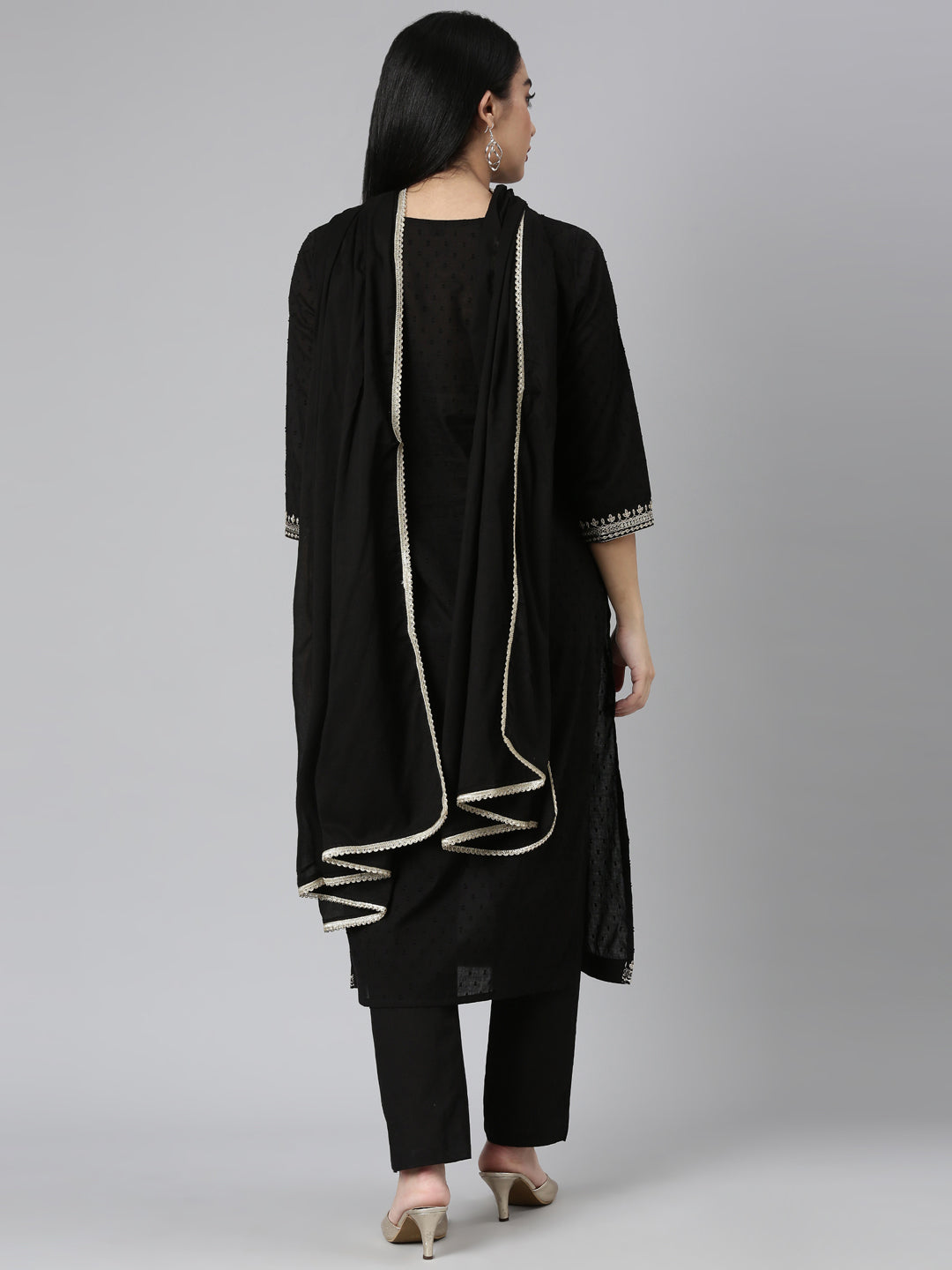 Neerus Black solid straight suit set with dupatta - side view