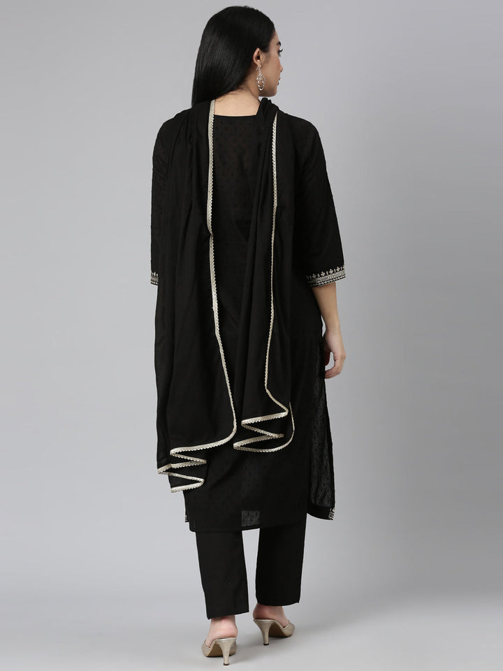 Neerus Black solid straight suit set with dupatta - side view