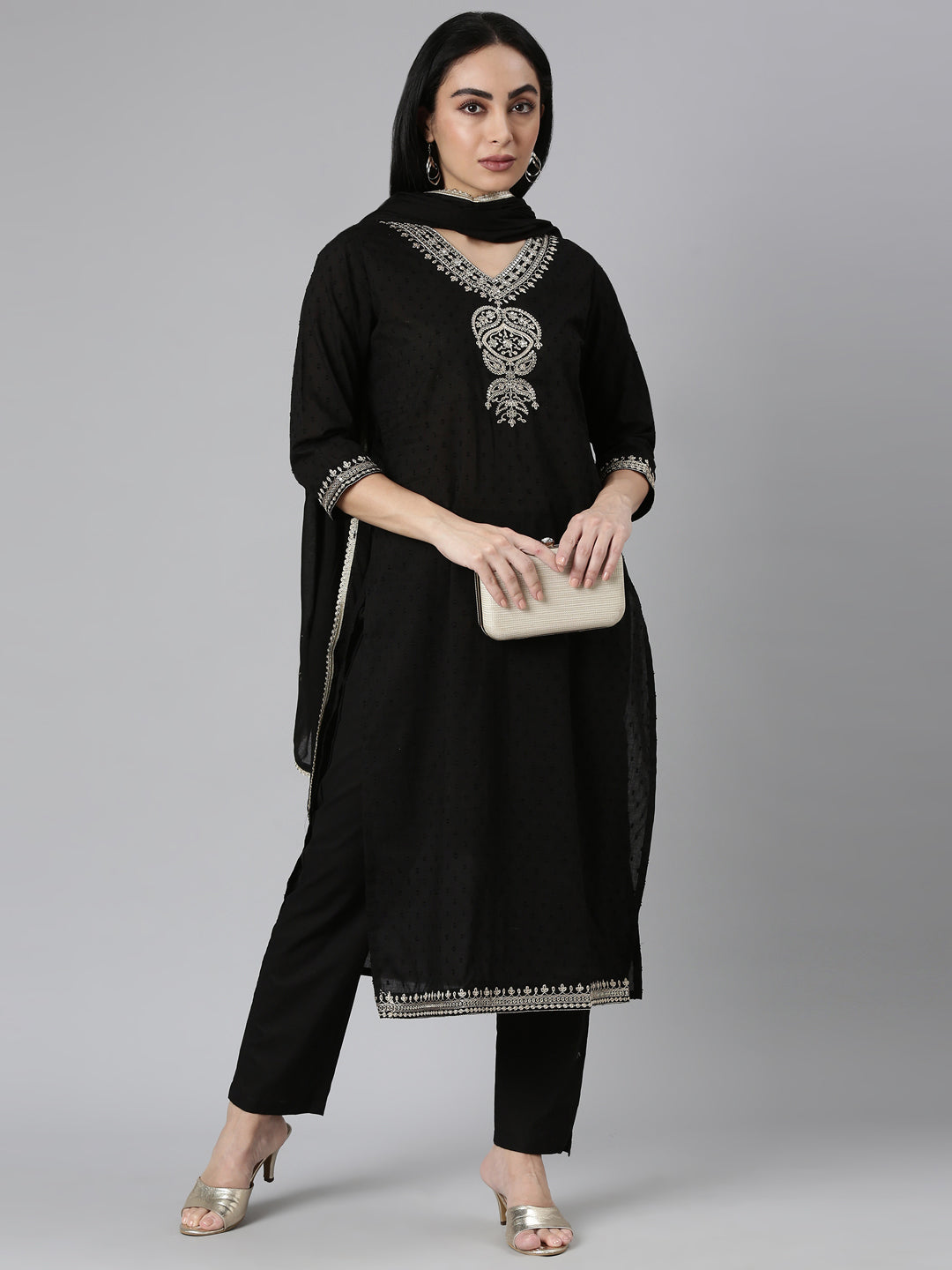 Neerus Black solid straight suit set with dupatta - detail view 2