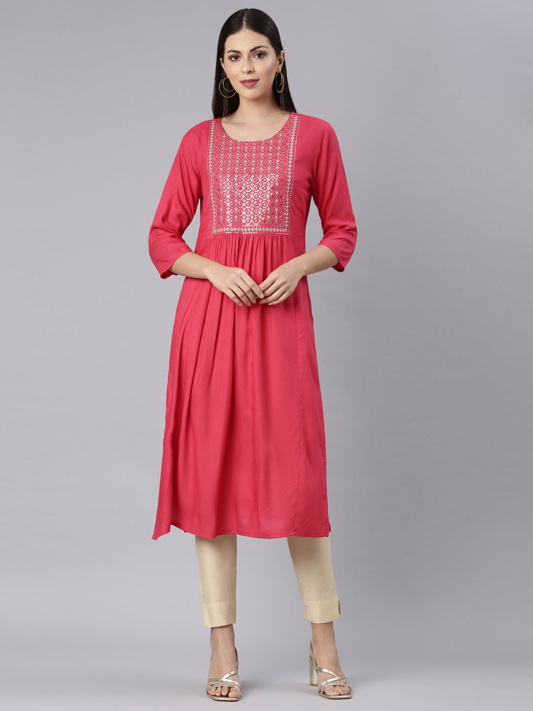 Neerus Red rayon solid straight kurti - front view