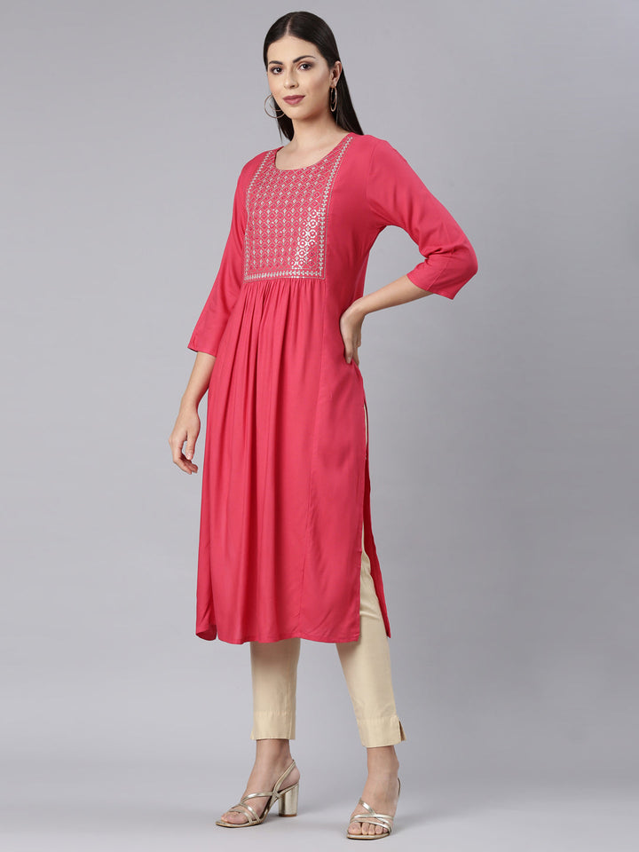 Neerus Red rayon solid straight kurti - back view