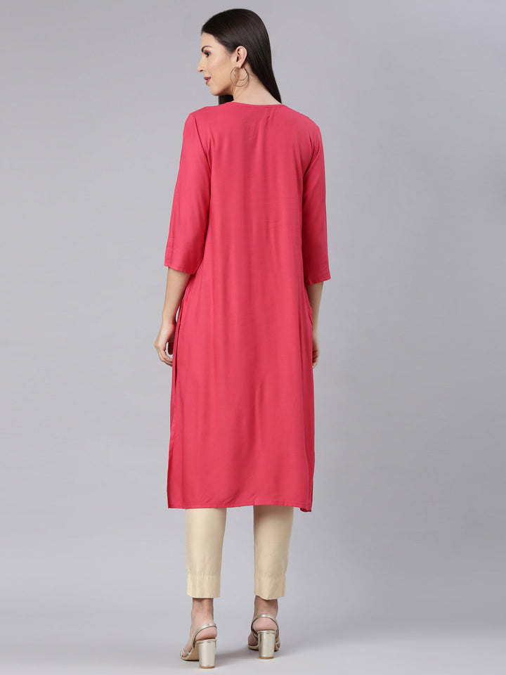 Neerus Red rayon solid straight kurti - detail view 1