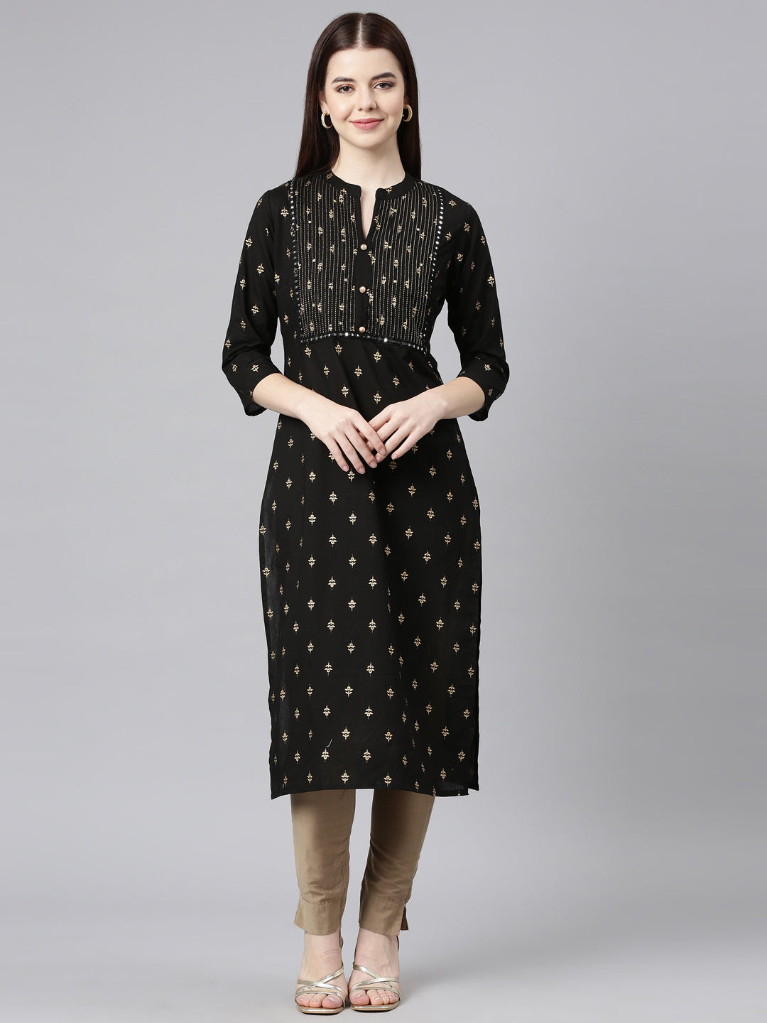 Neerus Black cotton embellished straight kurta - front view