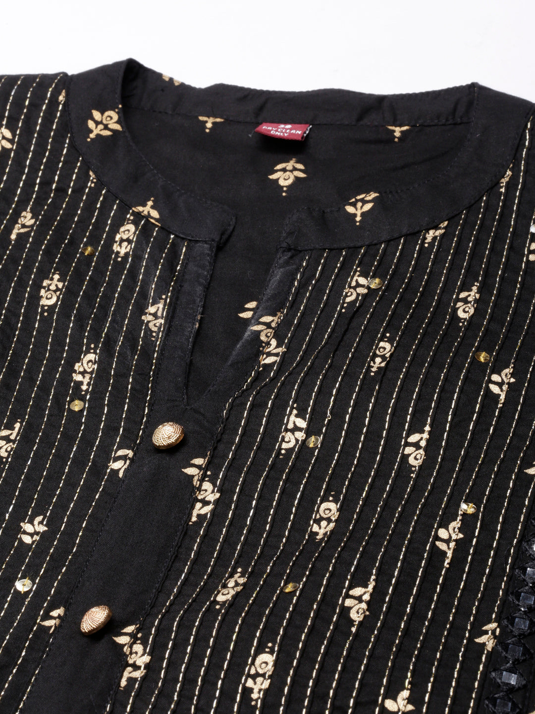Neerus Black cotton embellished straight kurta - detail view 3
