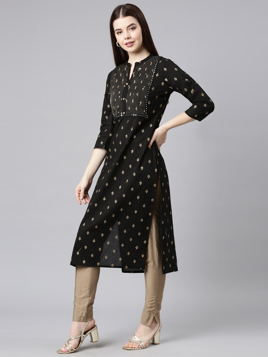 Neerus Black cotton embellished straight kurta - back view