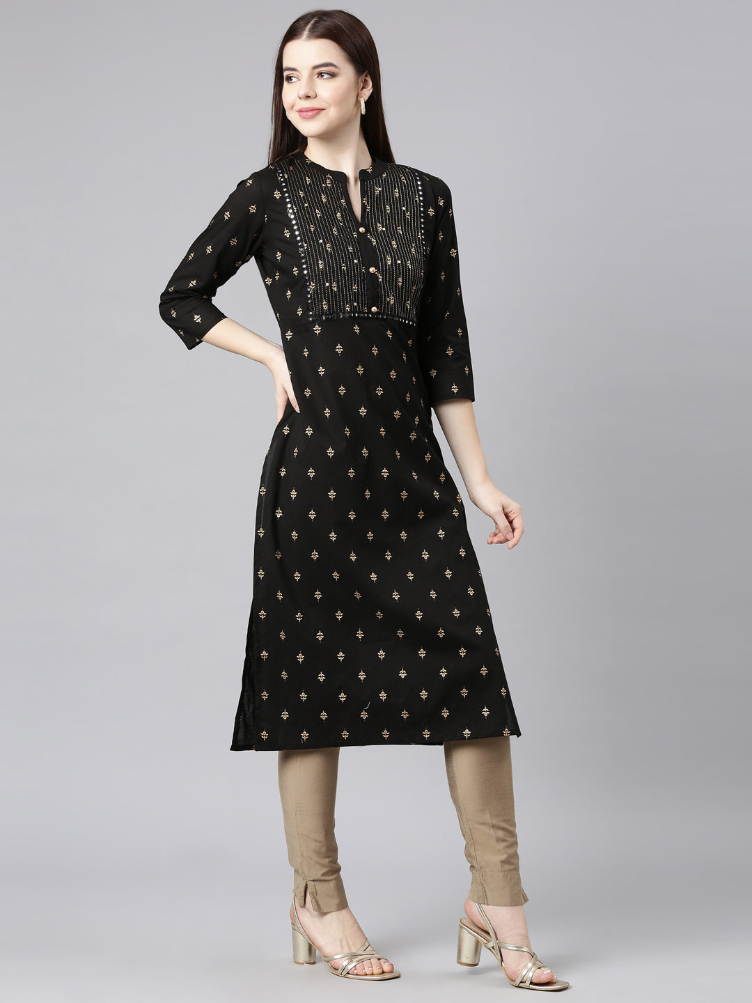 Neerus Black cotton embellished straight kurta - side view