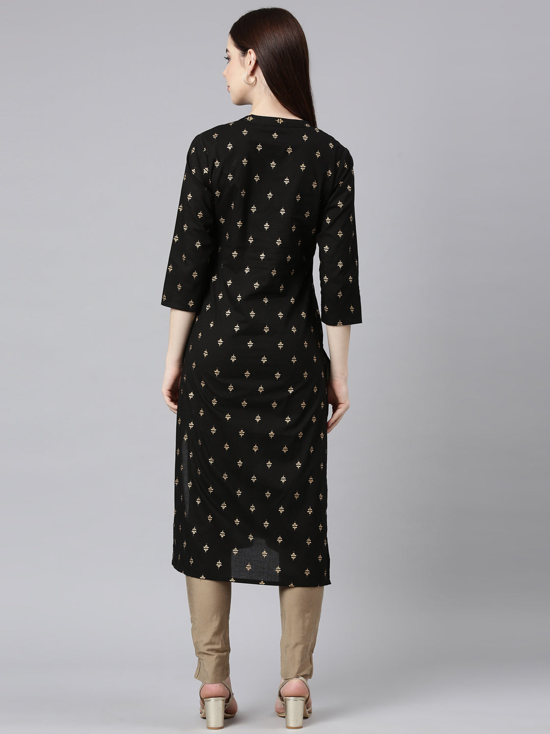 Neerus Black cotton embellished straight kurta - detail view 2