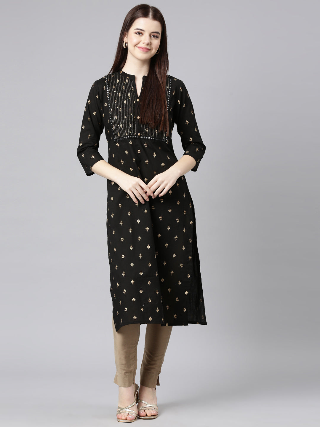 Neerus Black cotton embellished straight kurta - detail view 4