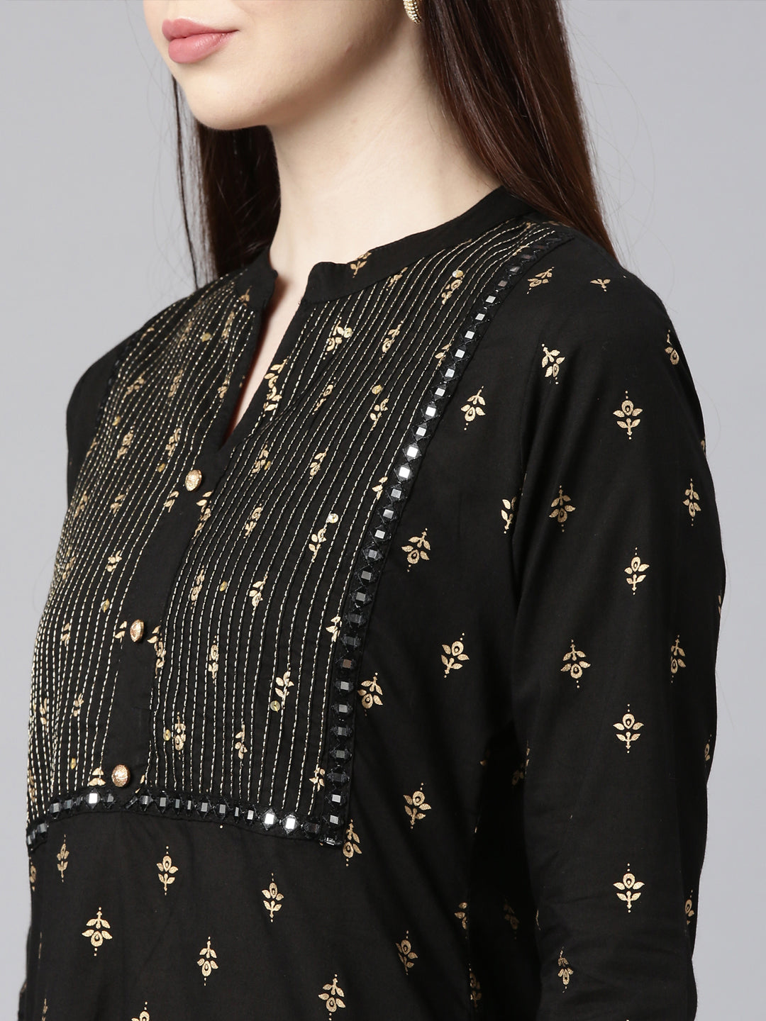 Neerus Black cotton embellished straight kurta - detail view 1