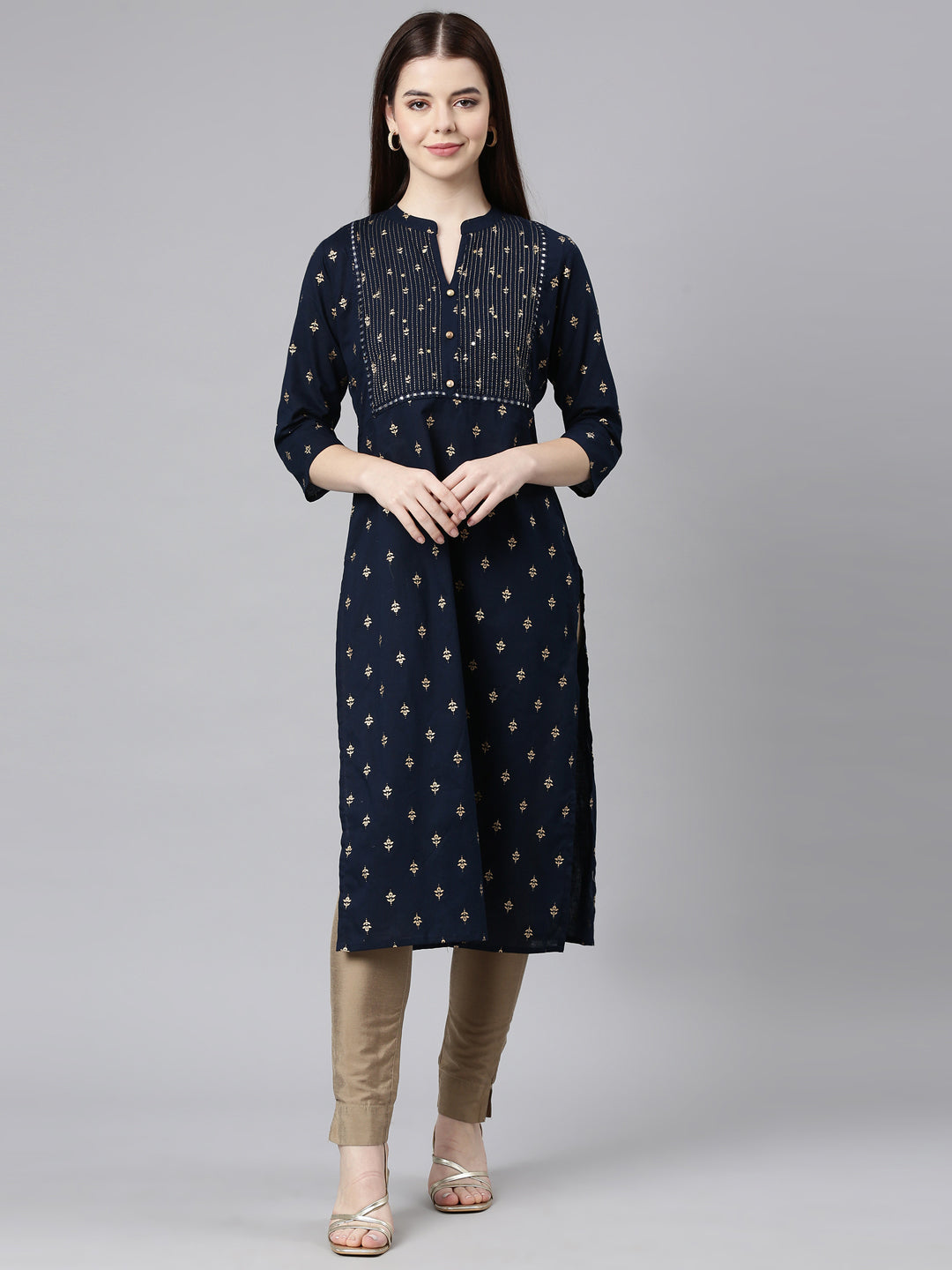 Neerus Blue cotton embellished straight kurta - front view
