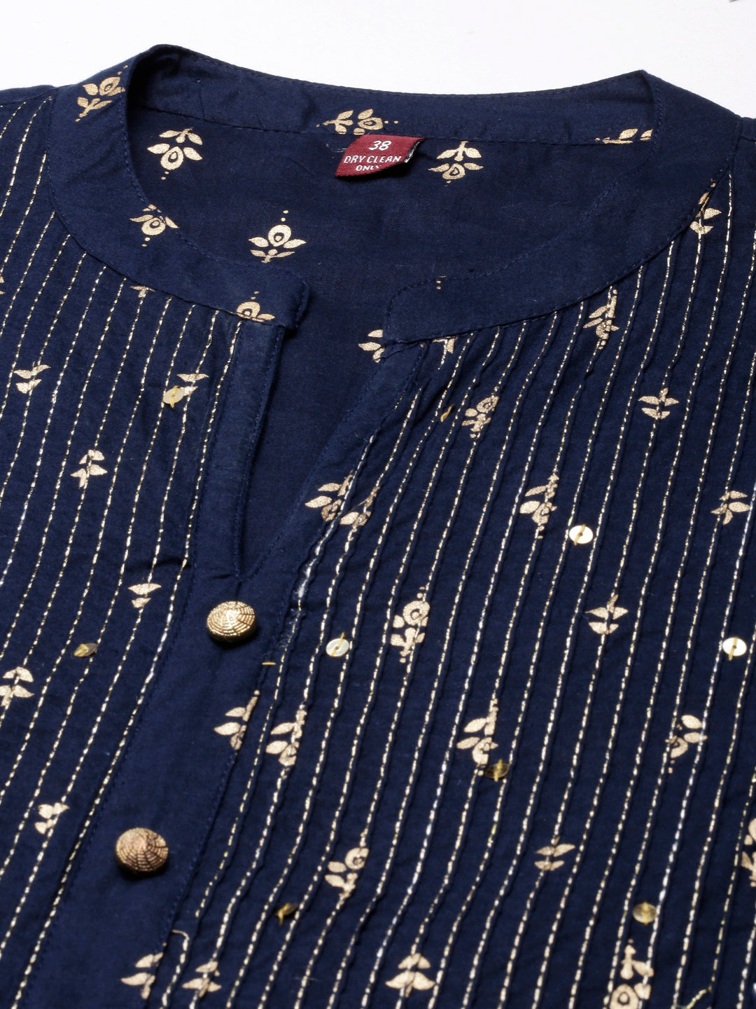 Neerus Blue cotton embellished straight kurta - detail view 3