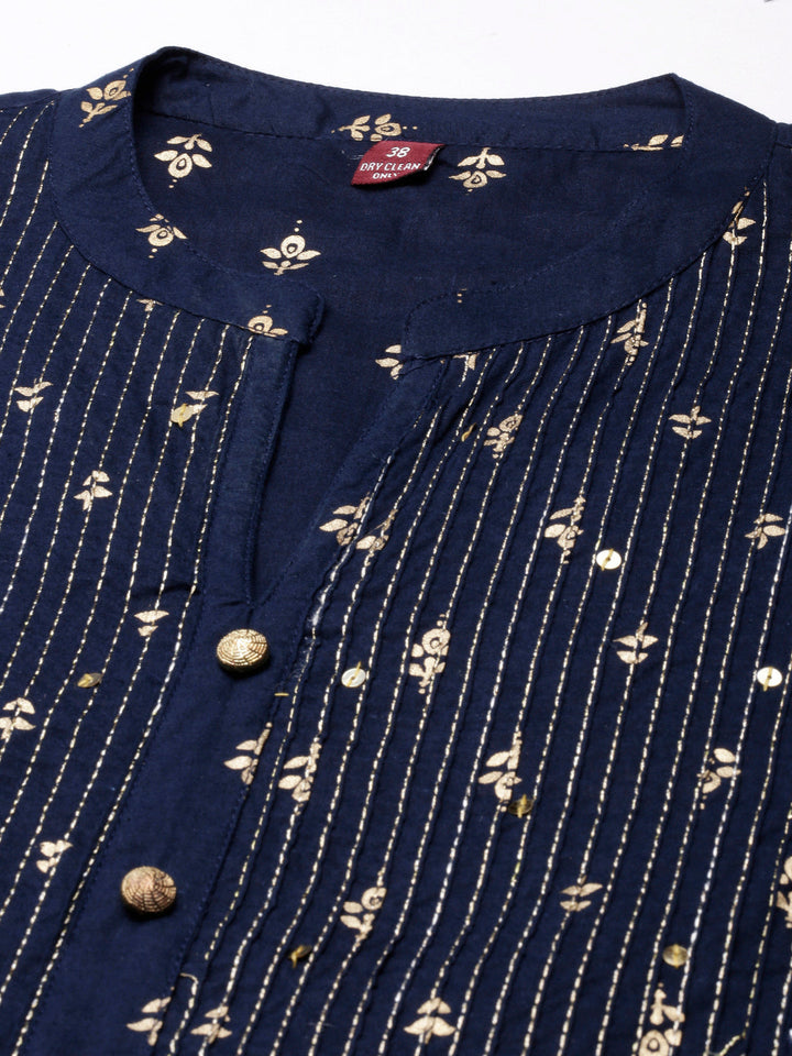 Neerus Blue cotton embellished straight kurta - detail view 3