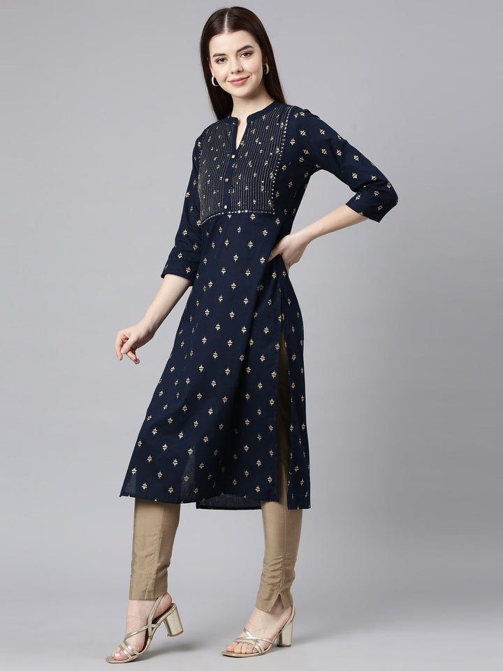 Neerus Blue cotton embellished straight kurta - back view