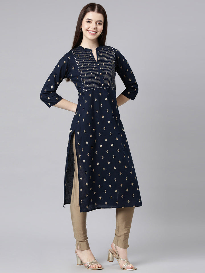 Neerus Blue cotton embellished straight kurta - side view