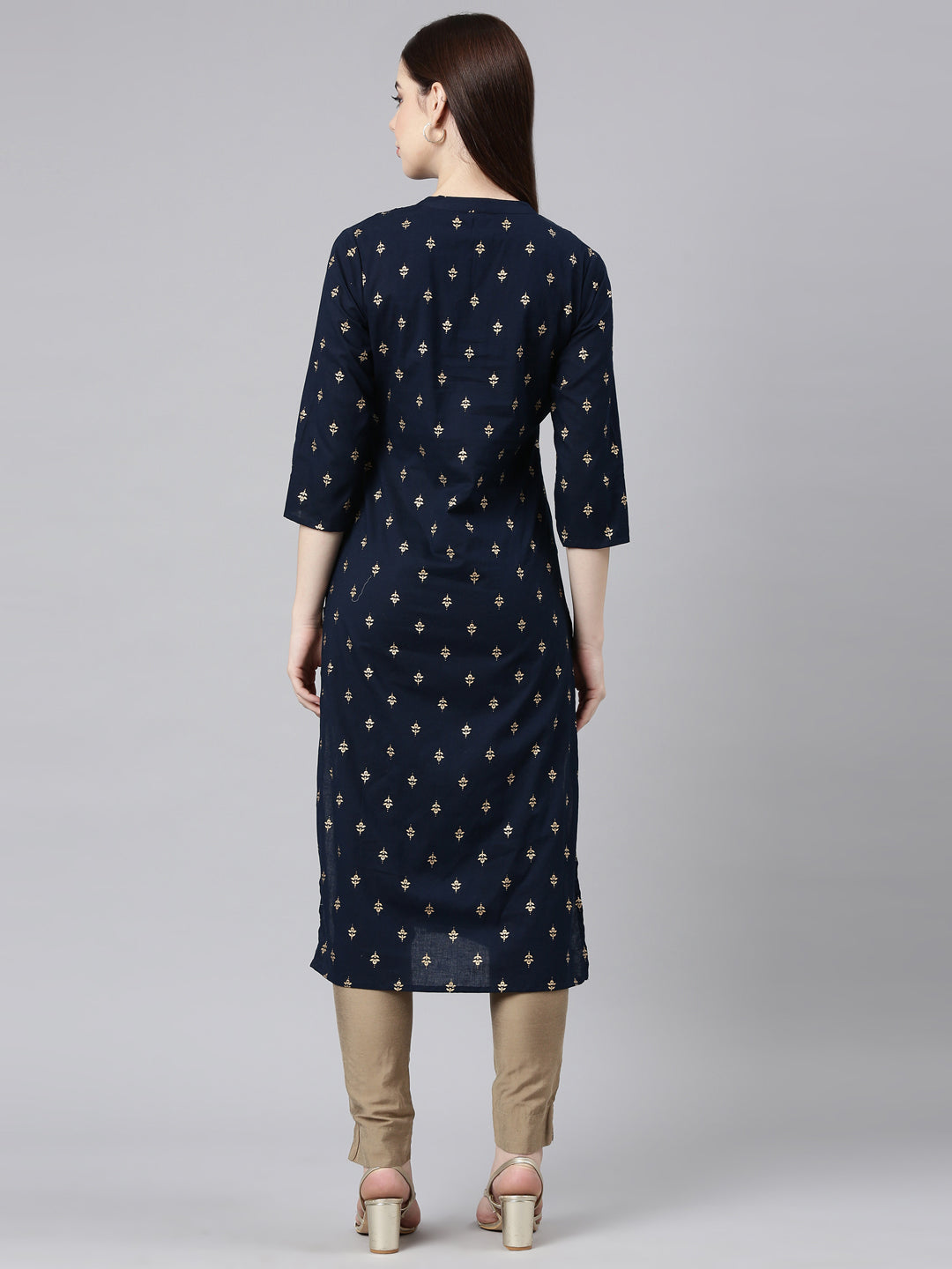 Neerus Blue cotton embellished straight kurta - detail view 1