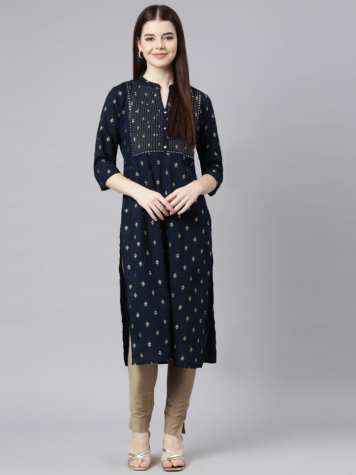 Neerus Blue cotton embellished straight kurta - detail view 4