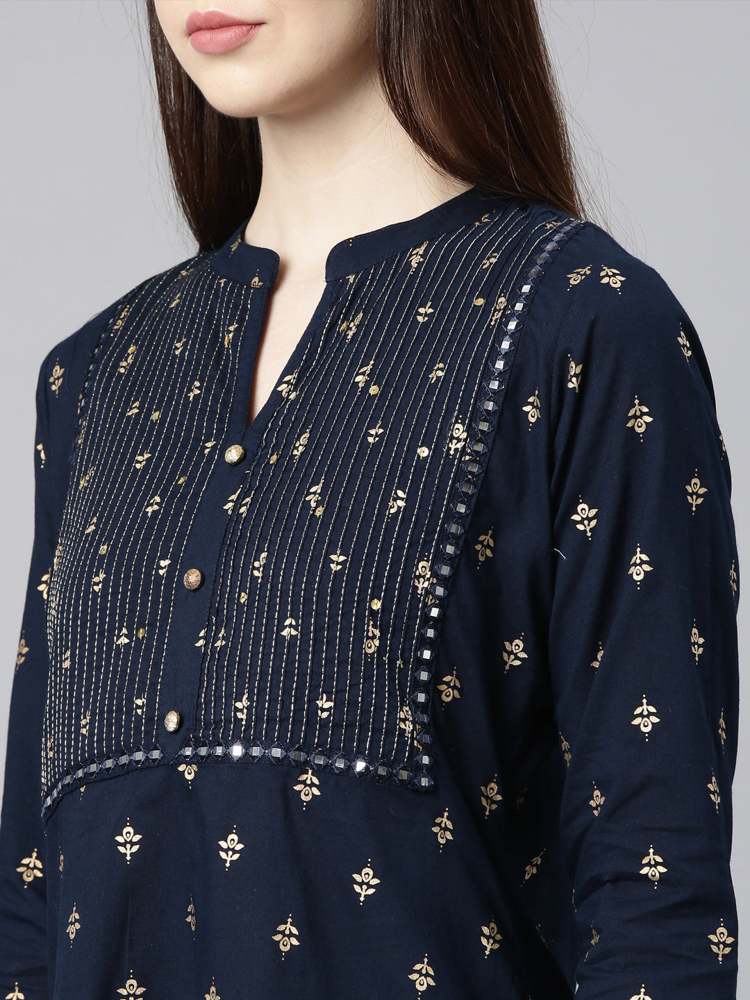Neerus Blue cotton embellished straight kurta - detail view 2