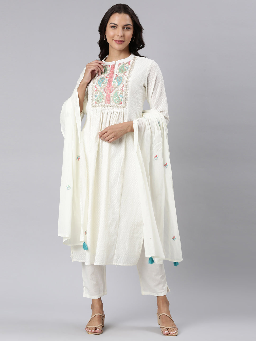 Neerus White cotton panelled straight suit set - front view