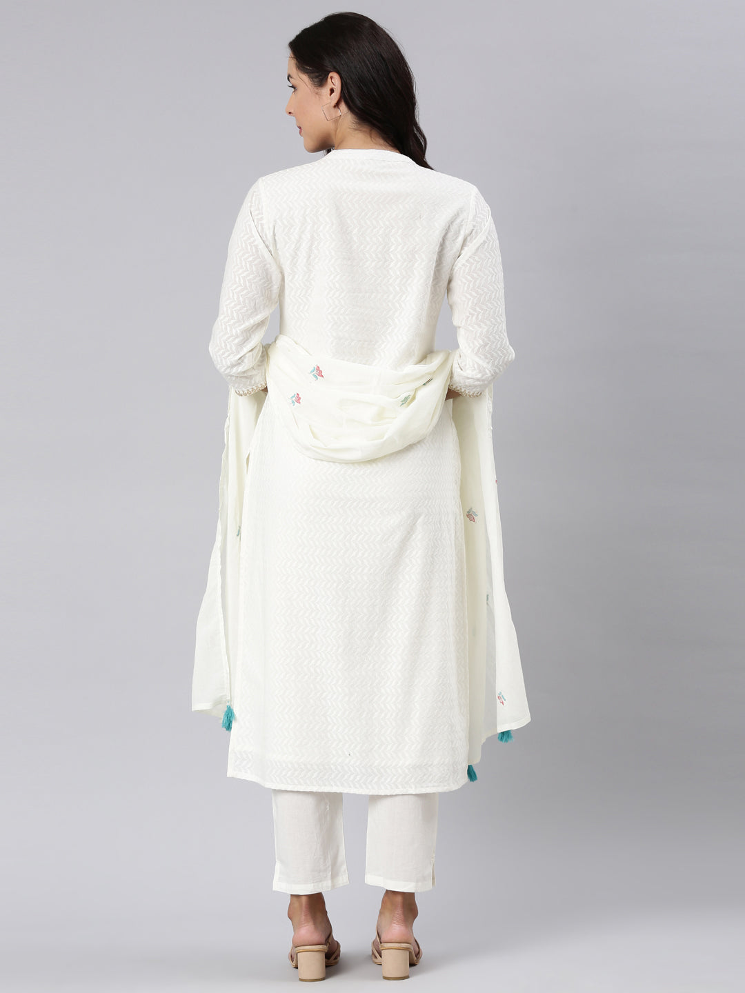 Neerus White cotton panelled straight suit set - detail view 1