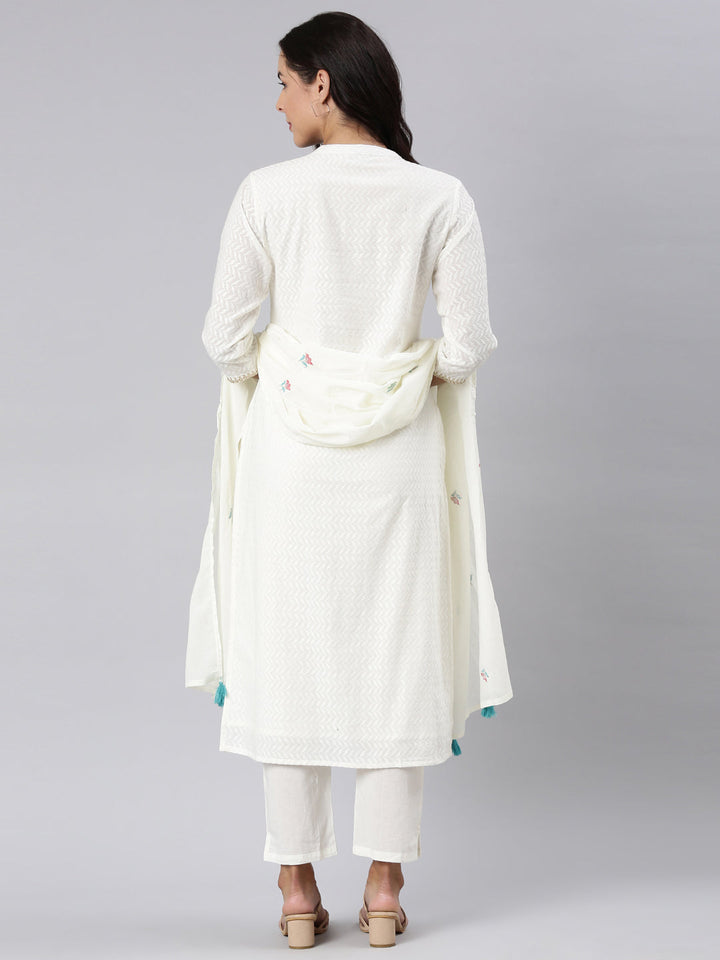 Neerus White cotton panelled straight suit set - detail view 1