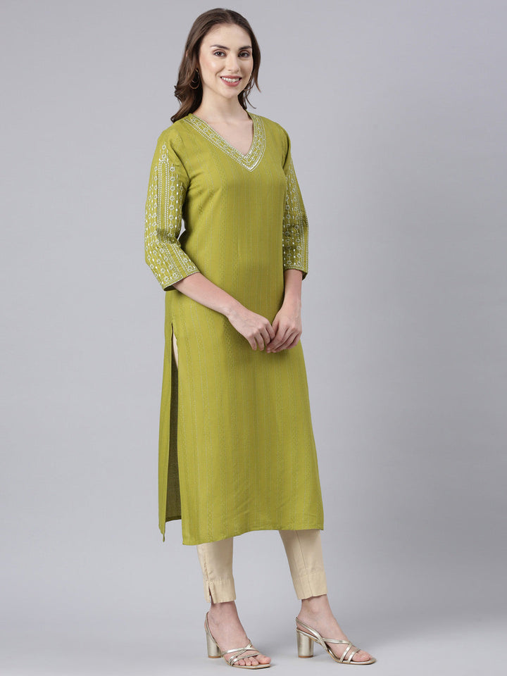 Neerus Green cotton printed straight kurta panelled - side view