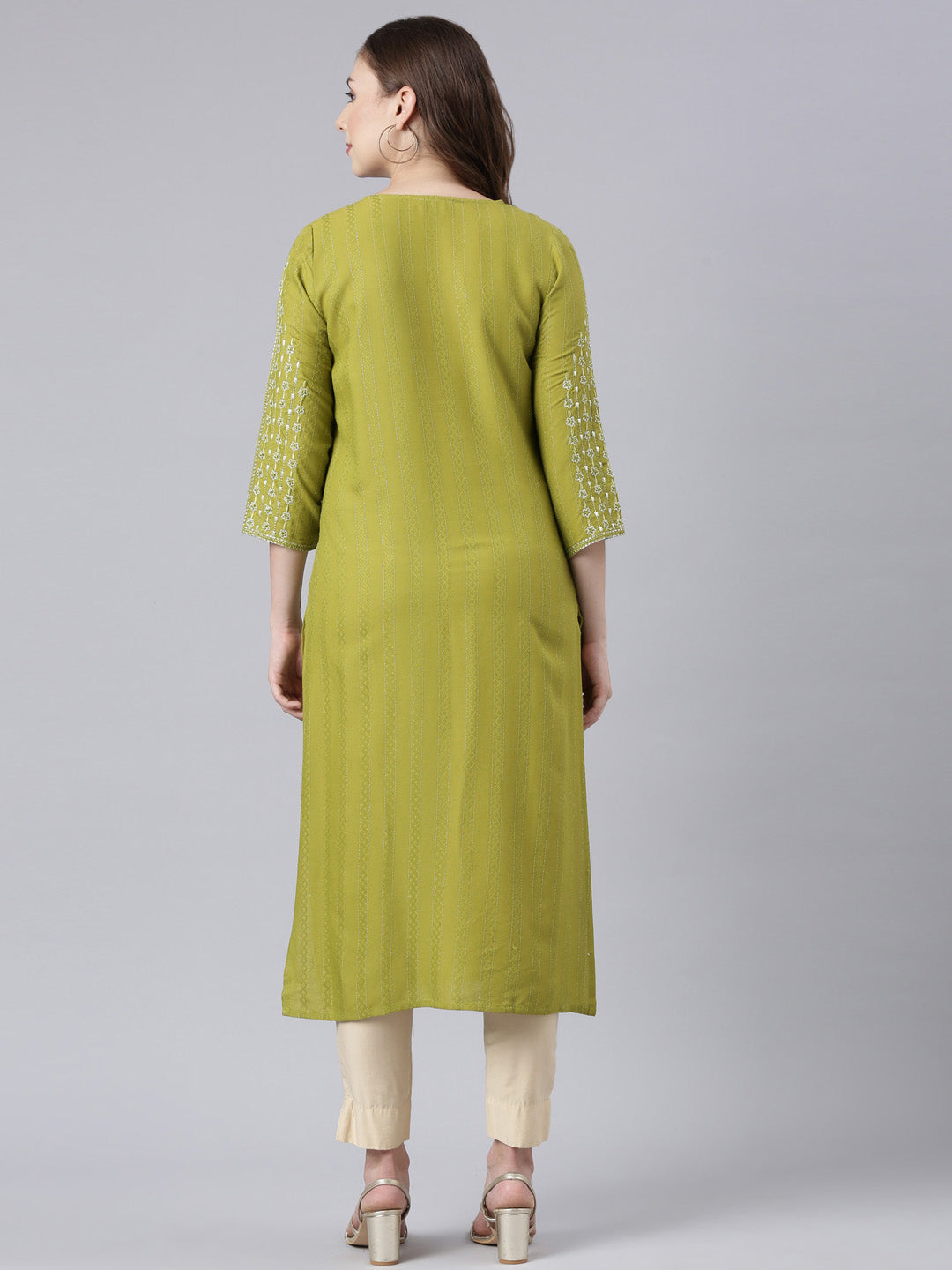 Neerus Green cotton printed straight kurta panelled - detail view 1