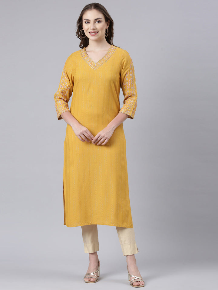 Neerus Yellow cotton printed floral straight kurta - front view
