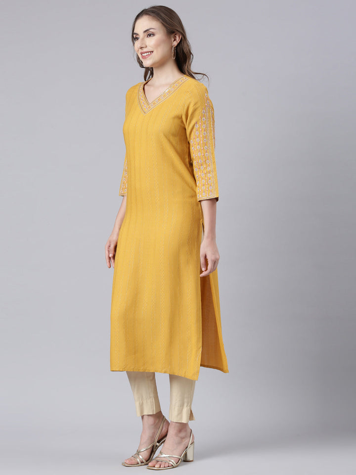 Neerus Yellow cotton printed floral straight kurta - back view