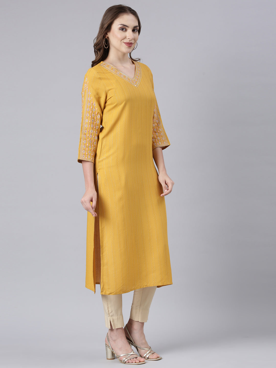 Neerus Yellow cotton printed floral straight kurta - side view