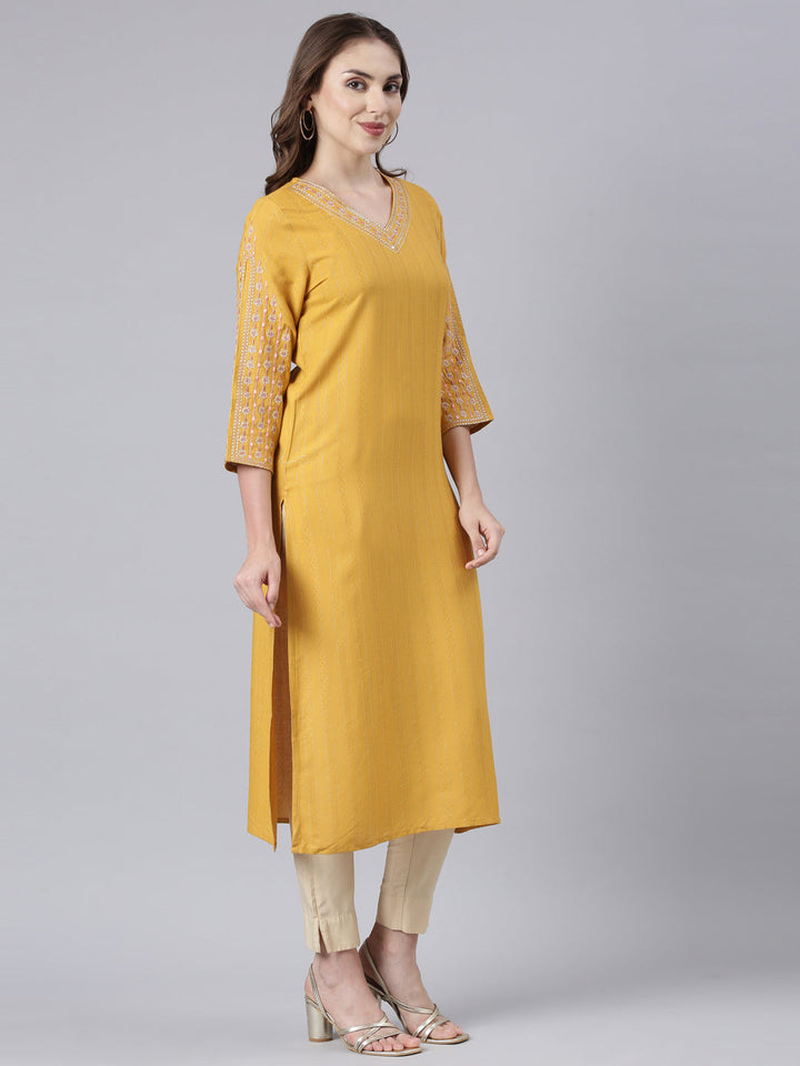 Neerus Yellow cotton printed floral straight kurta - side view