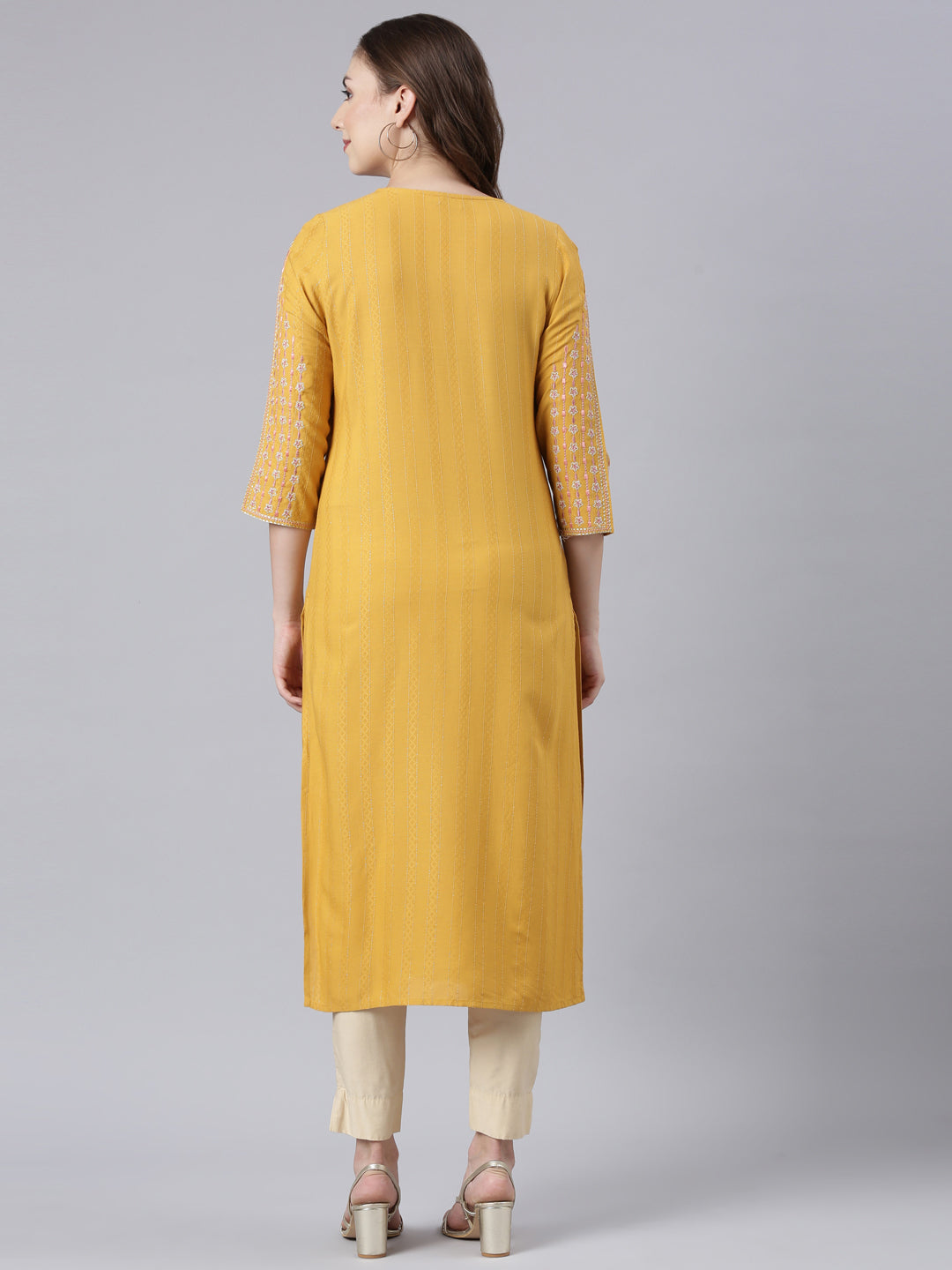 Neerus Yellow cotton printed floral straight kurta - detail view 1