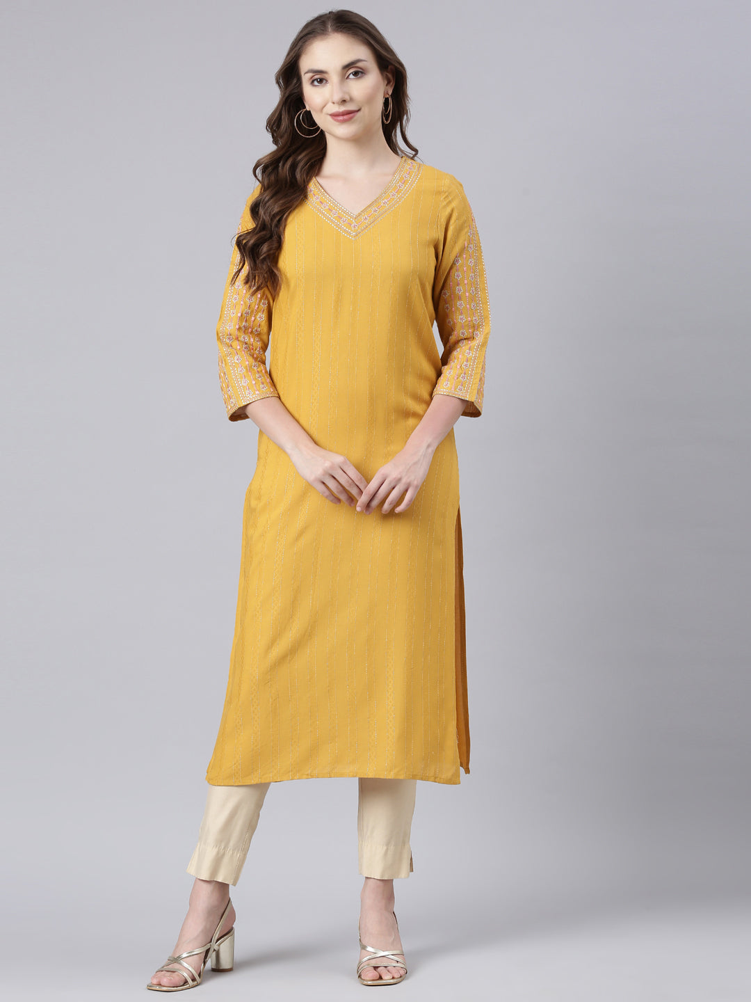 Neerus Yellow cotton printed floral straight kurta - detail view 2