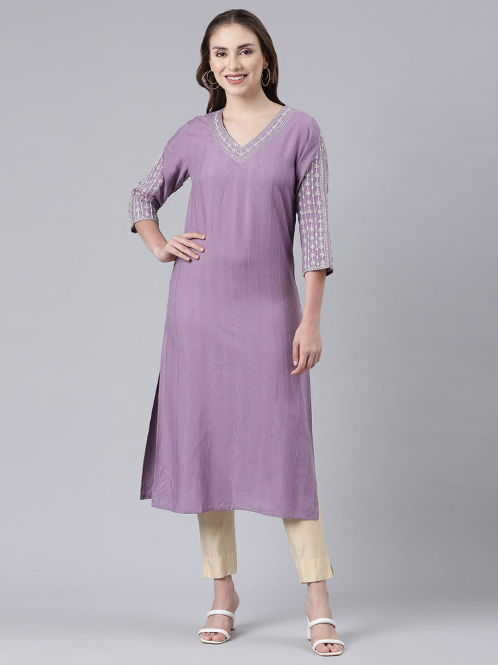 Neerus Purple floral printed straight kurta - front view