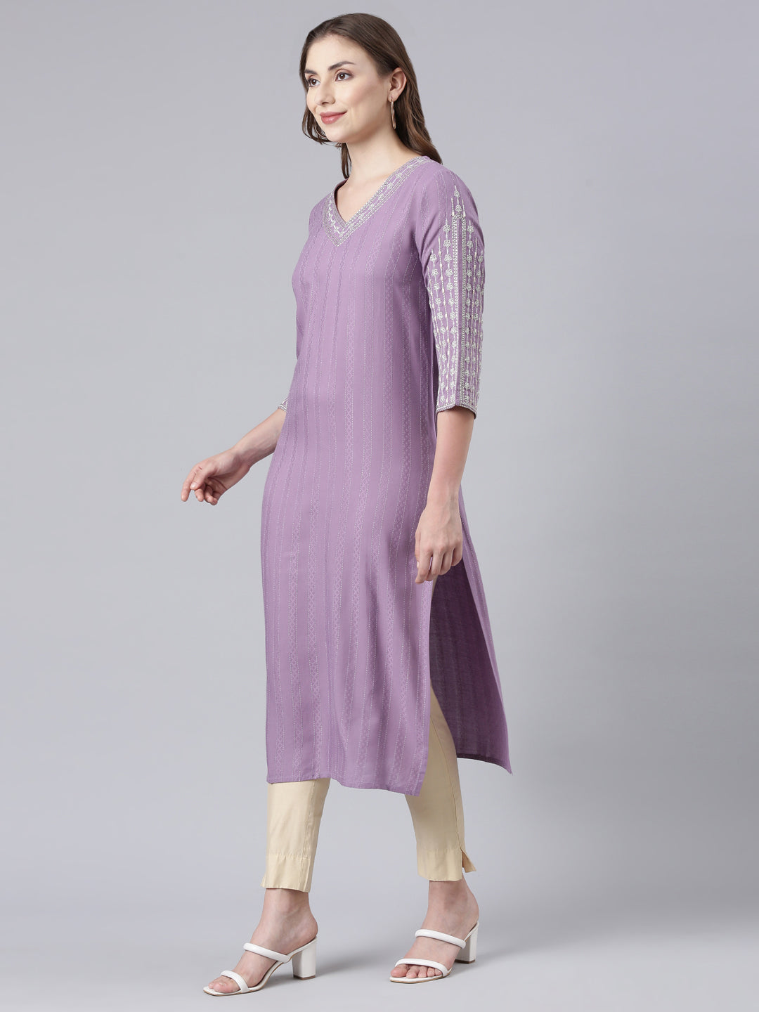 Neerus Purple floral printed straight kurta - back view