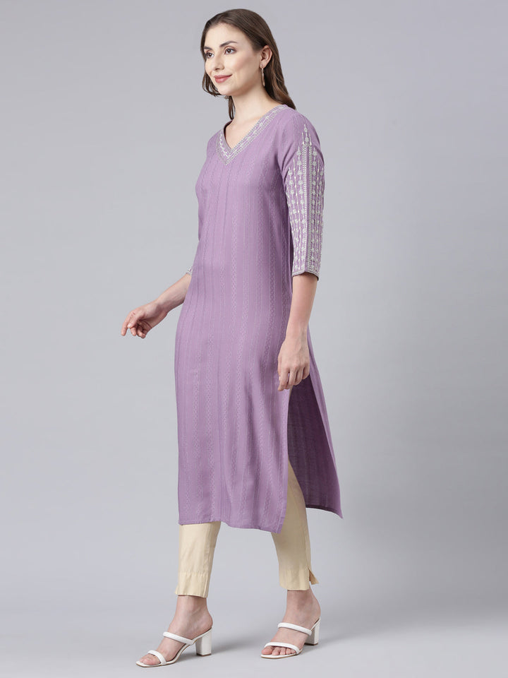 Neerus Purple floral printed straight kurta - back view