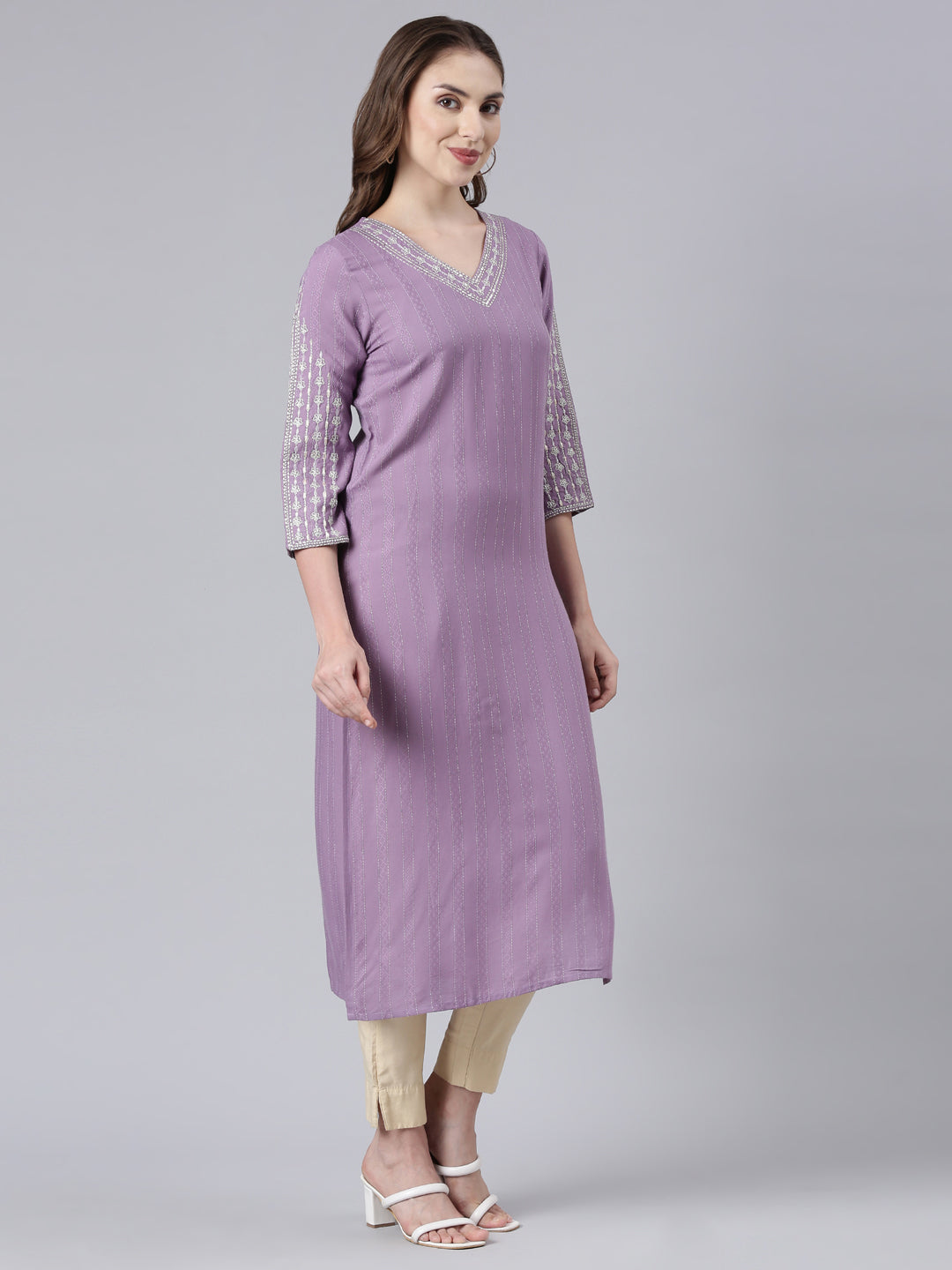 Neerus Purple floral printed straight kurta - side view