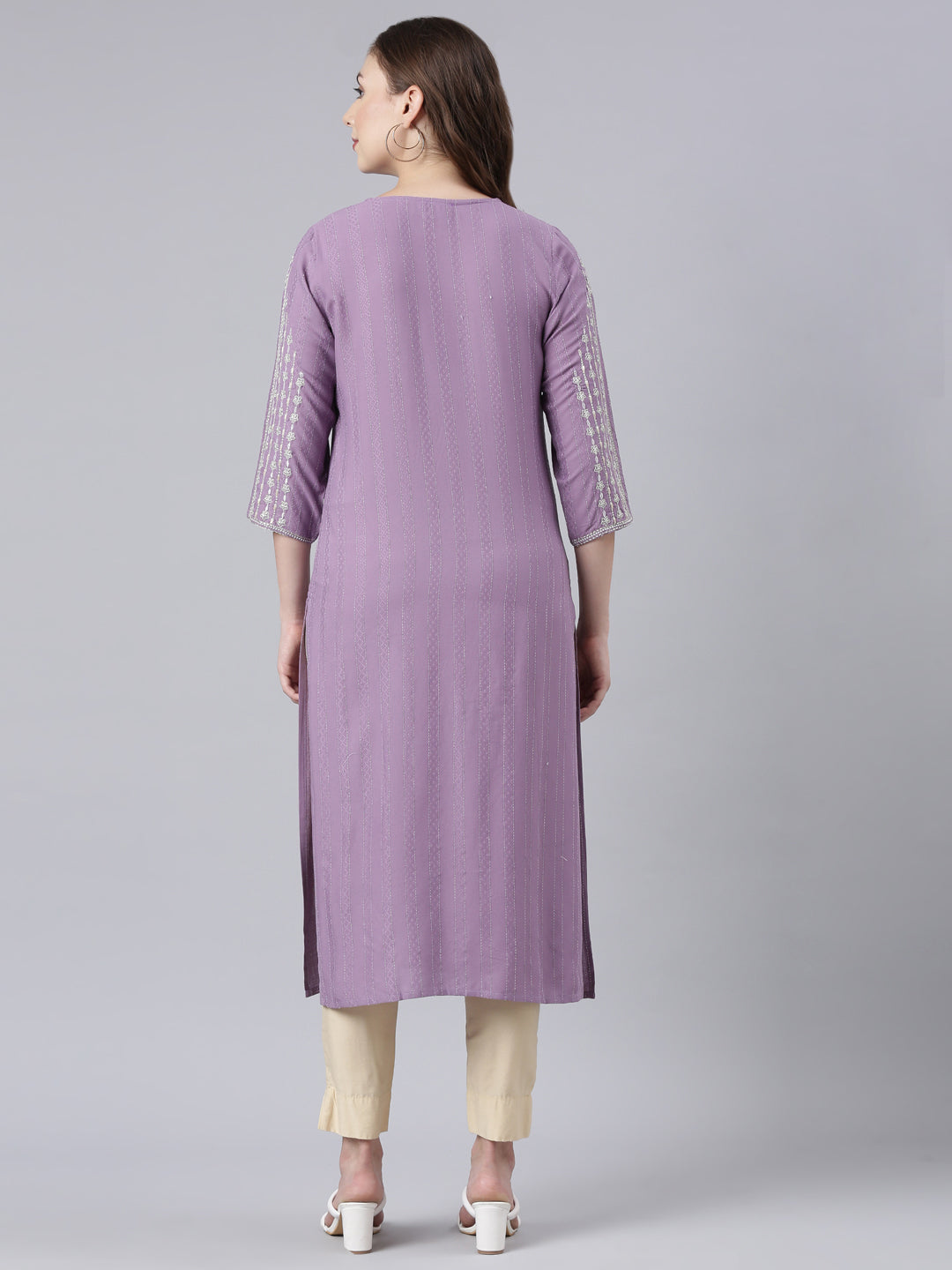 Neerus Purple floral printed straight kurta - detail view 1