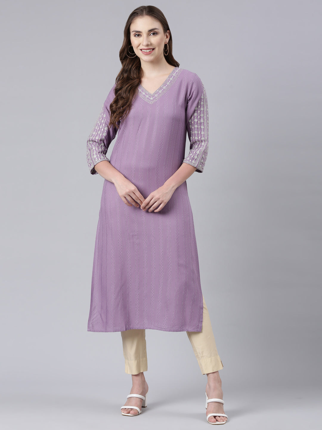 Neerus Purple floral printed straight kurta - detail view 3