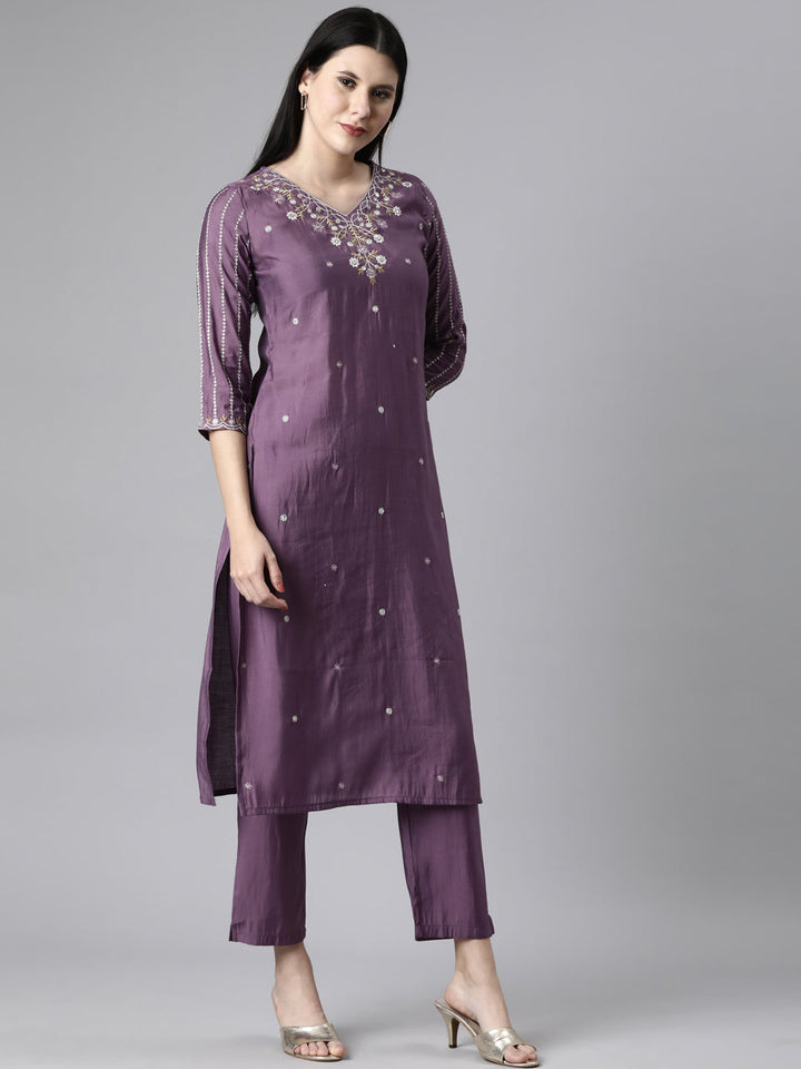 Neerus Lavender Casual Floral Straight Kurta and Trousers With Dupatta