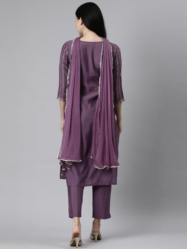Neerus Lavender Casual Floral Straight Kurta and Trousers With Dupatta