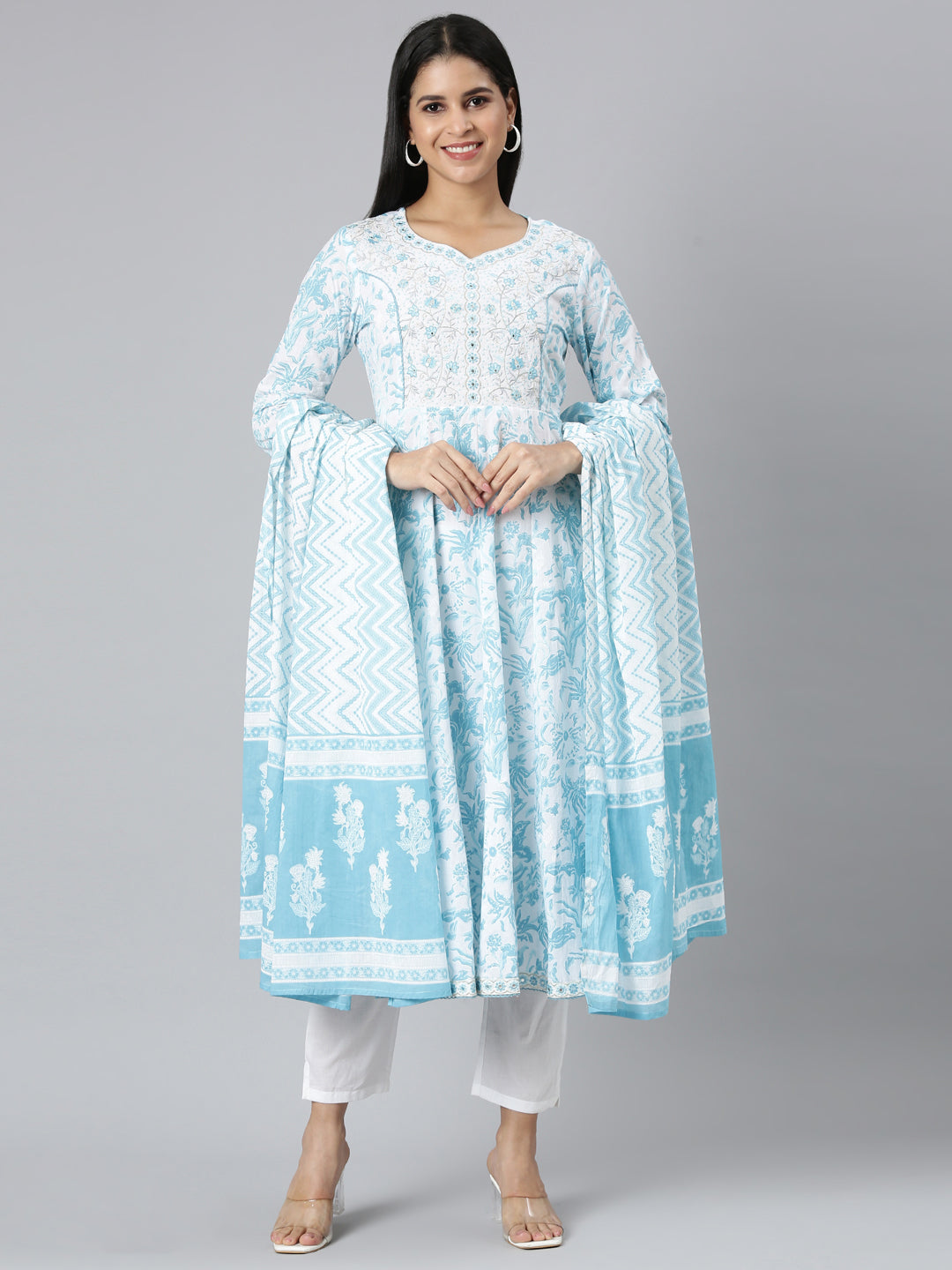 Neerus Blue muslin printed straight suit set - front view