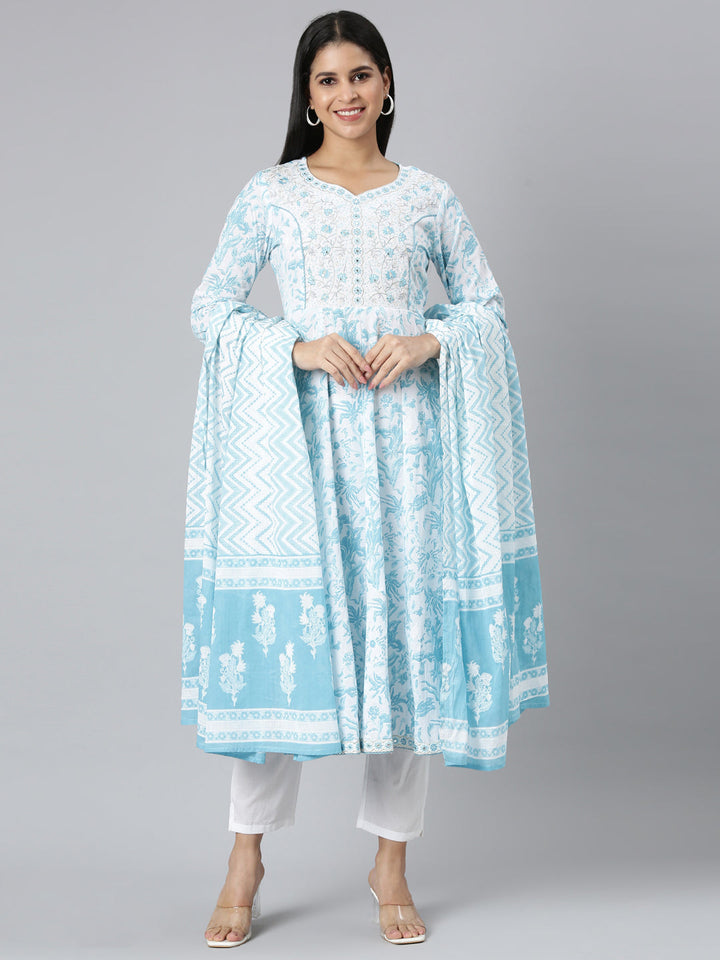 Neerus Blue muslin printed straight suit set - front view