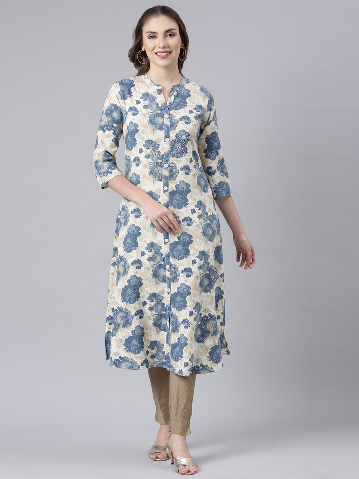 Neerus Blue printed floral straight kurta - front view