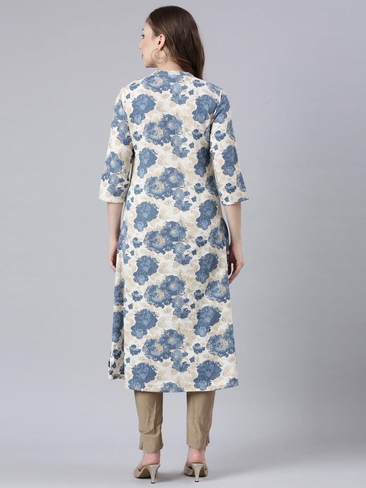 Neerus Blue printed floral straight kurta - detail view 1