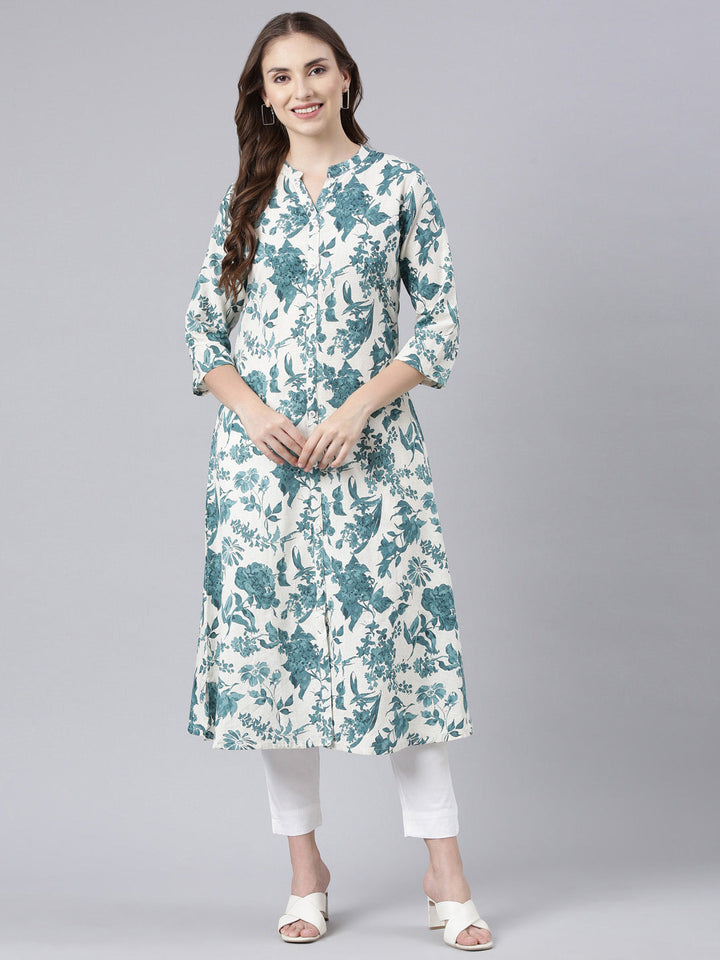 Neerus Green floral printed straight kurta - front view