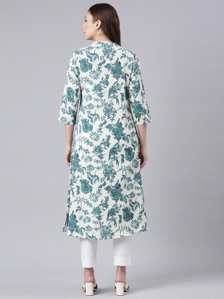 Neerus Green floral printed straight kurta - detail view 1